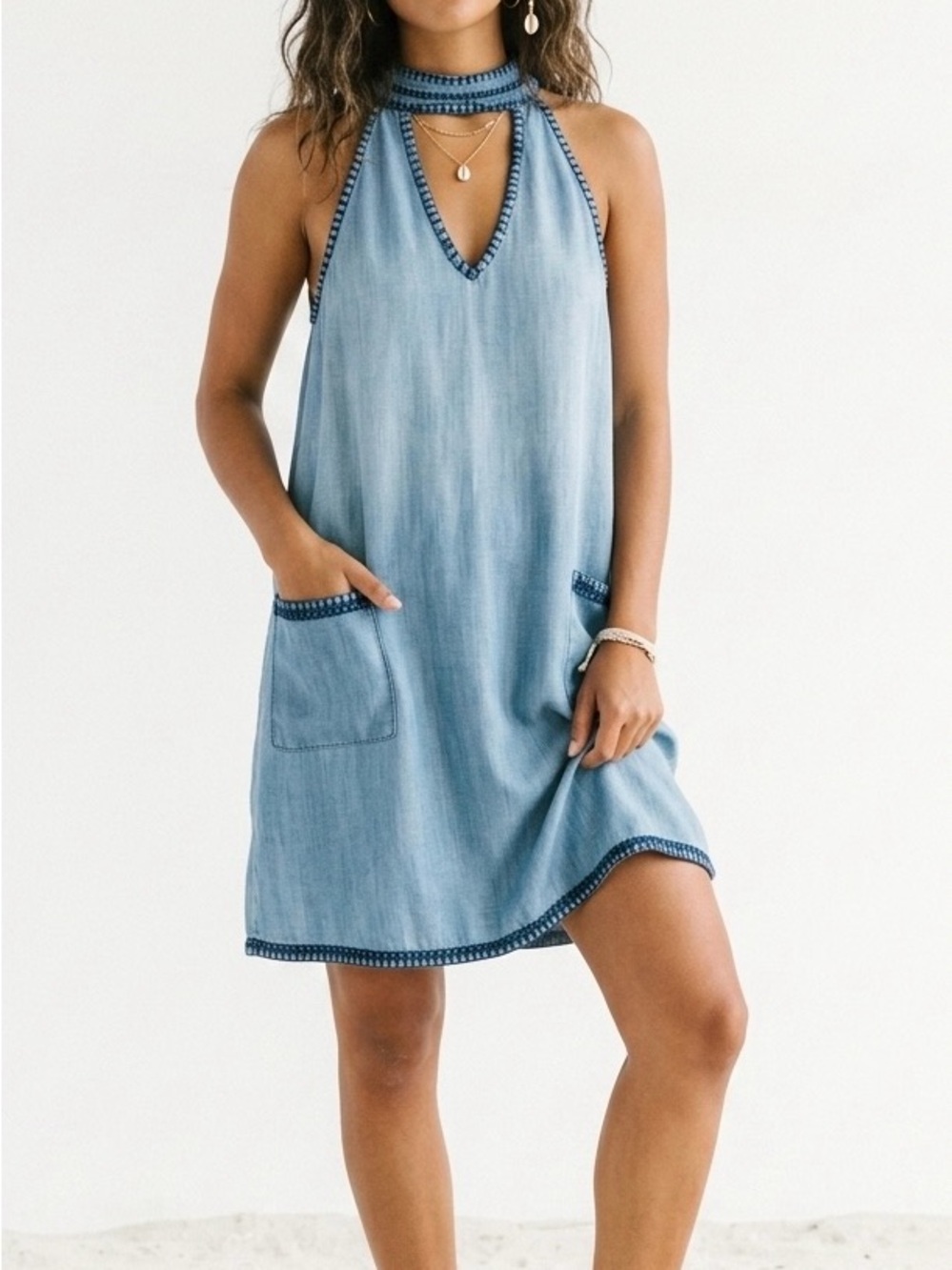 Cloth & Stone Anthropologie Tencel Chambray Halter Swing Mini Dress Size L